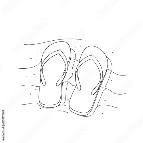 Simple line drawing of flip-flops resting on sandy beach waves.