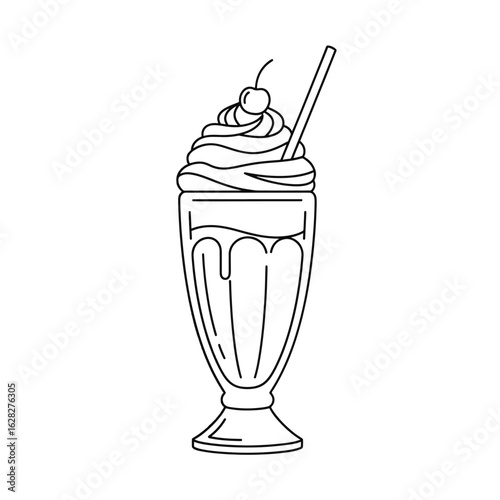 A simple line drawing of a milkshake with whipped cream and cherry.