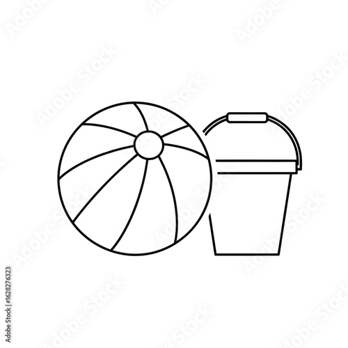 Simple black and white line drawing of a beach ball and bucket.