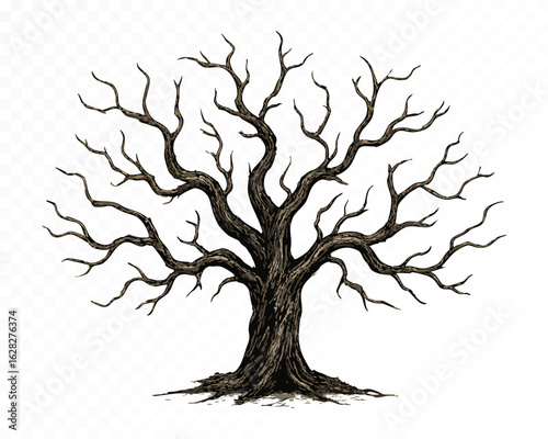 Detailed watercolor spooky tree with twisted bare branches, perfect for eerie autumn or Halloween designs. Strong silhouette. Vector illustration.