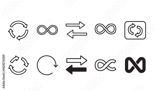 Various black and white icons illustrating concepts of infinite loops and directional arrows