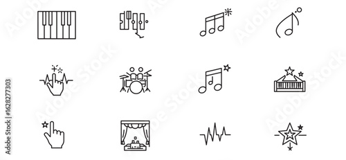 Minimalistic music icons set representing various instruments and performance elements