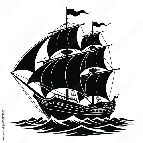Historic tall ship with full sails navigating through wavy seas