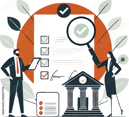 Business people reviewing checklist with magnifying glass and bank building