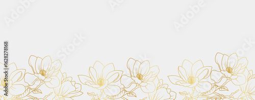 Luxury gold magnolia flowers background. Floral pattern tropical in line art style for greeting, invitation, wedding card, wall art, wallpaper and print. Vector illustration