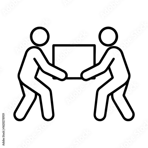 Two people lifting a box icon in outline style representing teamwork and shared responsibility