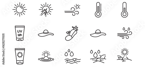 Summer weather and sun protection icons featuring sunlight and related elements