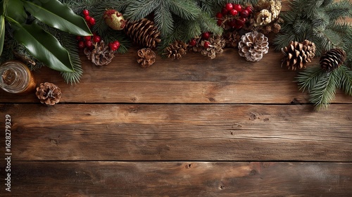 Festive wooden background adorned with pinecones, berries, and greenery for holiday decor.