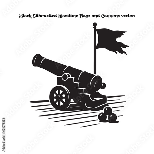 Historic Pirate Ship Cannon and Torn Flag Silhouette on Deck