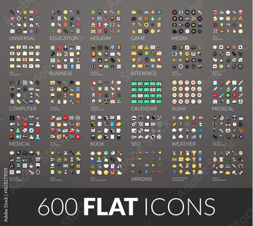 Large icons set, 600 vector pictogram of flat colored with shadows isolated on gray background