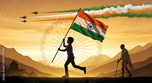  Celebrating Indian Independence Day: A Boy Running with the Flag at Sunset