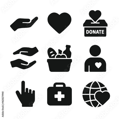 Set of black glyph icons for charity, donation, and humanitarian aid. Symbols for volunteering, support, and love.