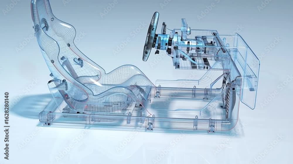 Minimalist 3D racing simulator cockpit translucent frame internal wiring pedals, wireframe seat outline steering wheel, clean futuristic look, seamless loop technical light render, blueprint shadows