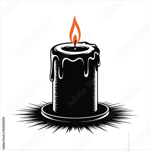 A single black candle with dripping wax and a bright flame on a white background