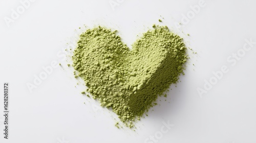 Green matcha powder shaped like a heart on a white surface symbolizes love for healthy living and natural ingredients.