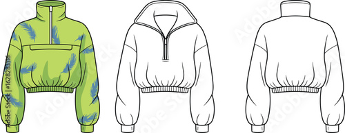 Three-view technical fashion flat sketch of women’s cropped zip-up pullover jacket with high neck, ribbed hem, long sleeves, and modern abstract camo pattern