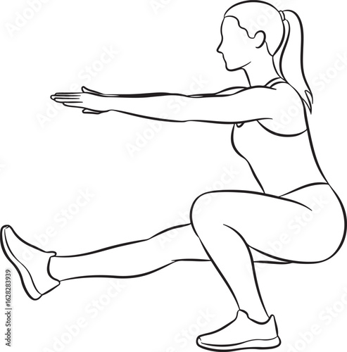  Woman in athletic clothing doing a single leg pistol squat line drawing.