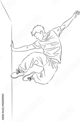 Young man performing a wall run jump in an urban parkour street art style.