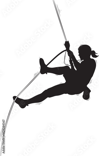 A person with a harness rappelling down a rope in a simple line drawing style