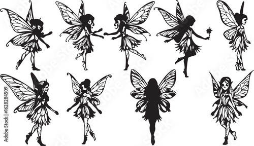Collection of Eight Fairy Illustrations Featuring Silhouettes and Line Art fairies