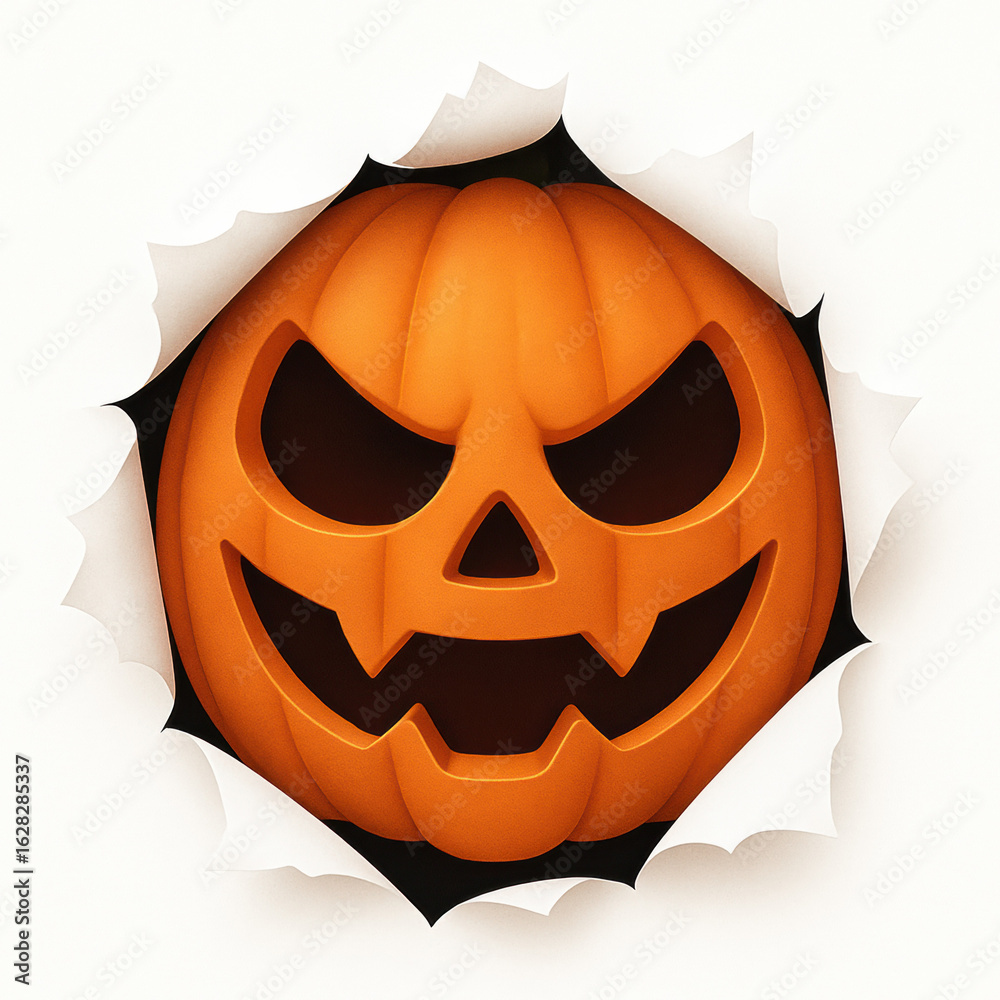 Fototapeta premium evil cartoon jack o lantern with sharp grin bursting through torn white paper with glowing face and dark eyes concept of halloween illustration spooky branding kids content humor design