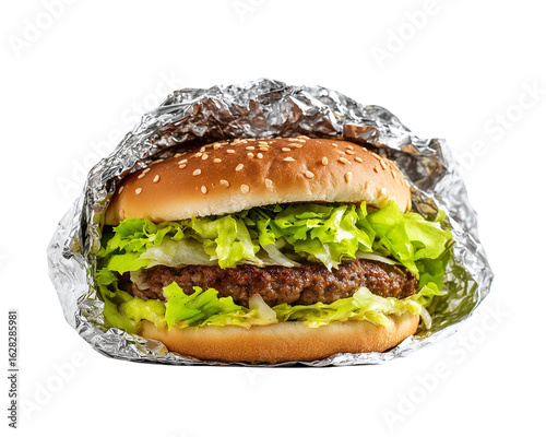 Foil wrapped burger with lettuce