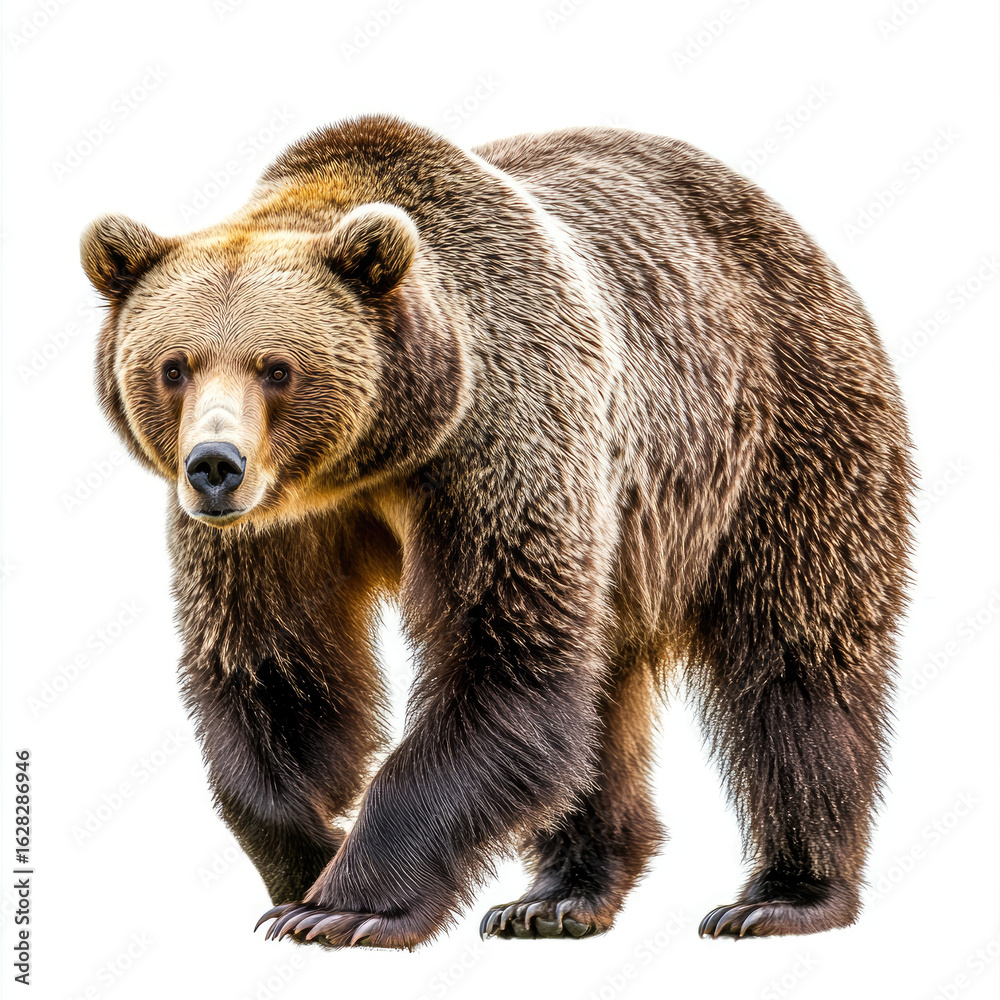Fototapeta premium Brown bear walking with detailed fur isolated on white background