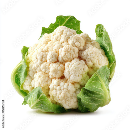 Fresh cauliflower with green leaves isolated on white background