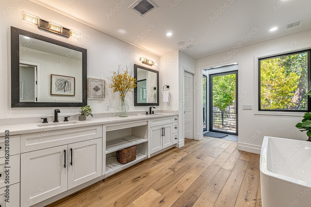 Modern white bathroom with oak floors and double vanities