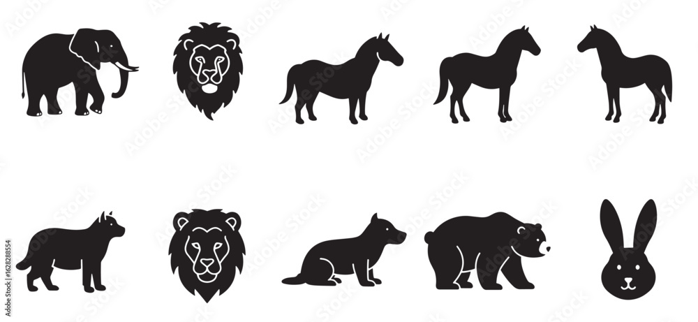 Fototapeta premium Black silhouette collection of animals isolated on white background for design purposes