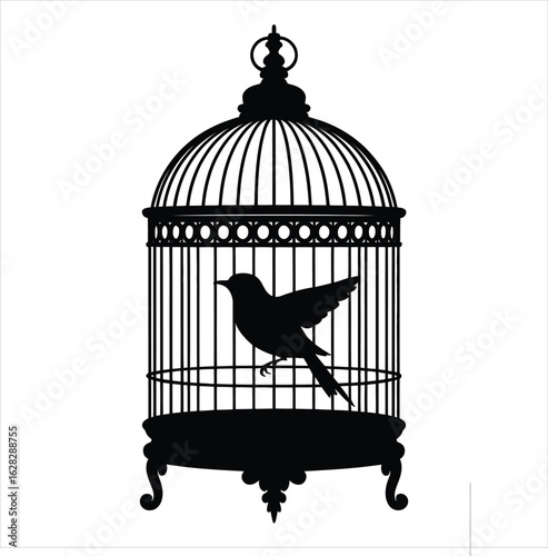 Silhouette of a bird perched inside an ornate vintage birdcage on a white background