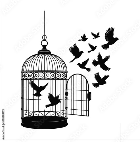 Birds flying out of an open antique birdcage symbolizing freedom and escape