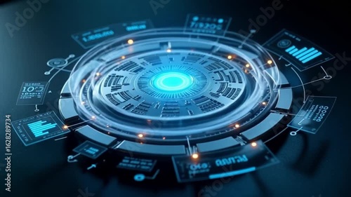 Futuristic technology interface pulsing with bright data and energy, a dynamic AI core illustration, perfect for cutting-edge themes. AI generative video