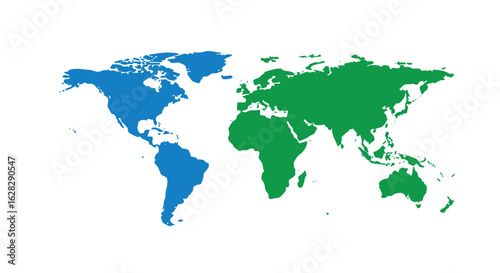 World Map Divided into Blue and Green