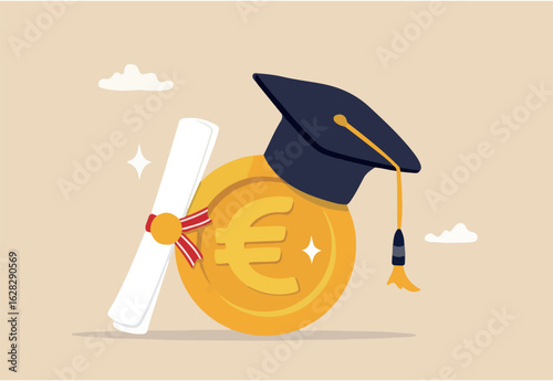 Education cost, tuition or scholarship, money for university or graduation, school expense or student debt, college diploma concept, Euro money coin with mortarboard graduation cap and certificate.