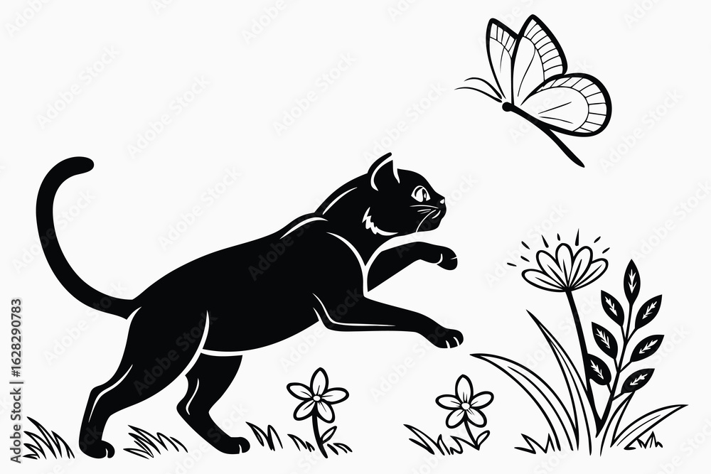 Obraz premium Black flat vector of a cat chasing a butterfly