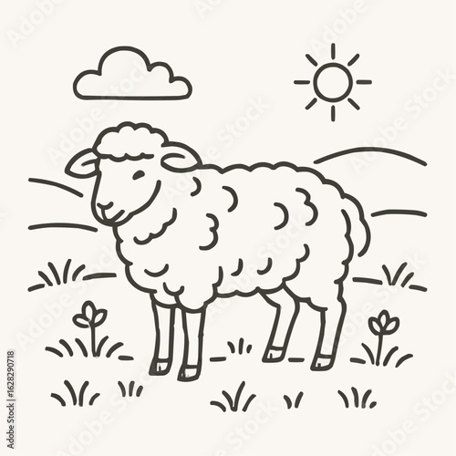 Cartoon sheep standing in a grassy field under sunny sky  