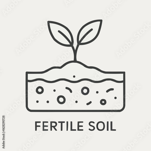 Fertile soil with sprouting plant in minimalist line art style  