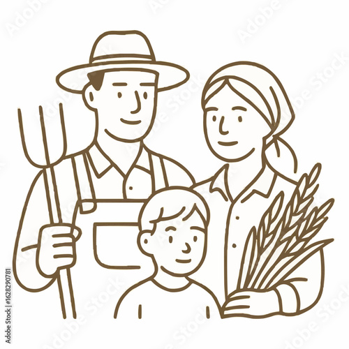 Family of farmers standing with wheat and tools in a field  