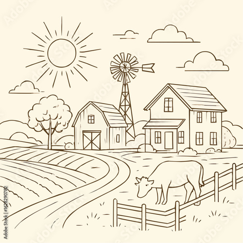 Farm landscape with cow, windmill, and sunny sky illustration  