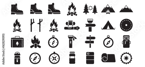 Collection of outdoor adventure and camping themed icons in simple silhouetted style