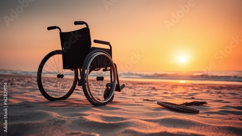 Empty wheelchair at beach at sunset,Concept of travel of people with disabilities.
