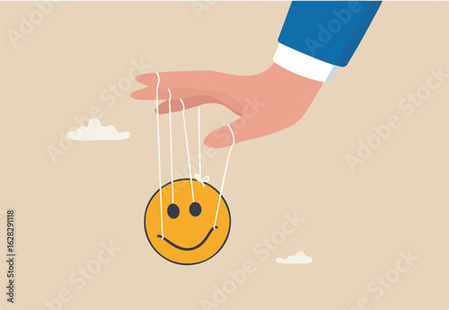 Control emotion or expression, emotional intelligence manage positive way to solve problem and conflict concept, businessman hand tied with string to control, manipulate smile face like puppet doll.