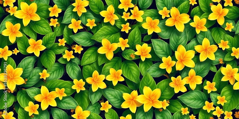 Fototapeta premium Seamless spring pattern featuring vibrant green leaves and sunny yellow blossoms, pattern, chartreuse