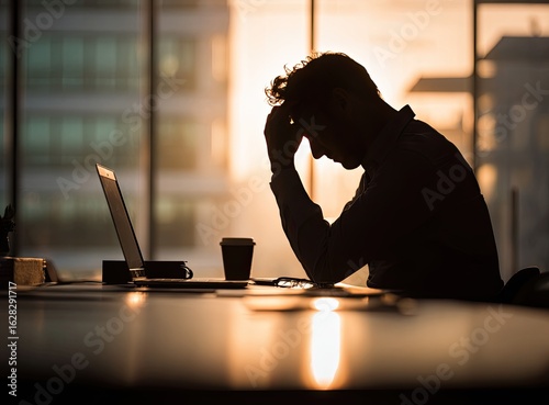 Silhouette of a man slumped at a desk, head in hands, in an office setting, bathed in golden light from a window