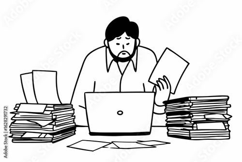 Small business owners are experiencing financial crisis, high costs, bank debt, overspending concept. A man sitting at a desk looking at a laptop screen while holding receipts feels desperate after ca