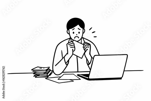 Small business owners are experiencing financial crisis, high costs, bank debt, overspending concept. A man sitting at a desk looking at a laptop screen while holding receipts feels desperate after ca