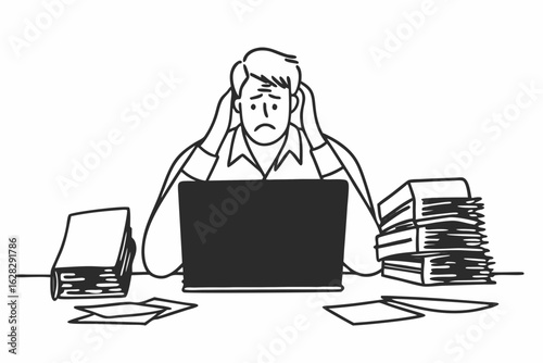 Small business owners are experiencing financial crisis, high costs, bank debt, overspending concept. A man sitting at a desk looking at a laptop screen while holding receipts feels desperate after ca