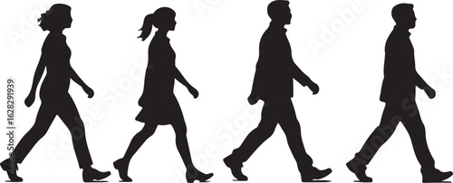 Four people walking in a line silhouette group