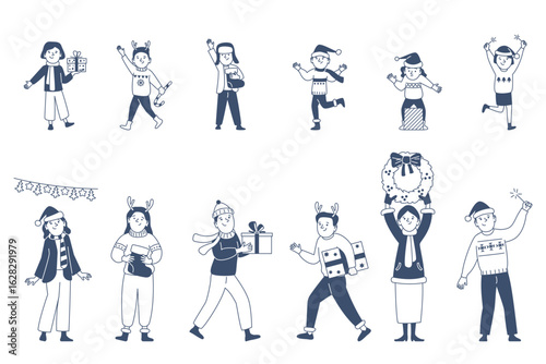 Happy christmas party people. Adults children celebrating winter holidays, prepare gifts and decorations. New year doodle scenes, recent vector set